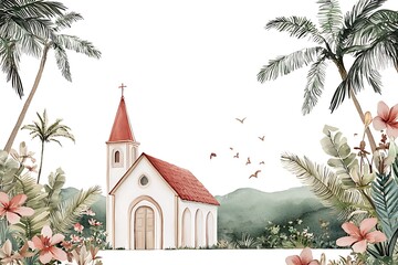 Watercolor illustration of a charming white chapel nestled amidst lush tropical foliage and palm trees, against a backdrop of rolling hills and a serene sky.