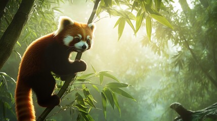 Obraz premium Red panda clinging to bamboo branch in lush forest.