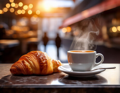 Un croissant y una taza de caf&eacute; caliente o t&eacute; para desayuno sobre la mesa de una cafeteria junto a la ventana con vistas a la calle ideal para ilustrar hosteler&iacute;a, desayuno y cultura del caf&eacute;