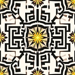 Geometric Floral Pattern: A mesmerizing and intricate seamless pattern featuring a captivating blend of black and white geometric motifs interwoven with vibrant yellow floral elements.