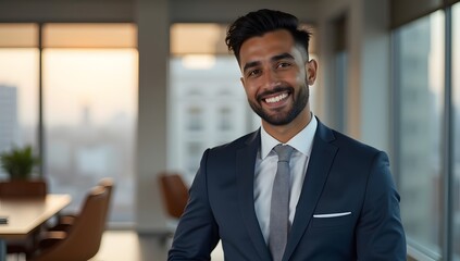 A confident businessman smiling in a suit at the office