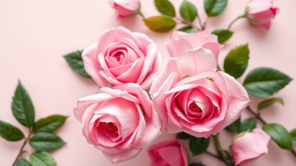 Delicate Pink Roses and Lush Green Foliage on a Soft Pink Background