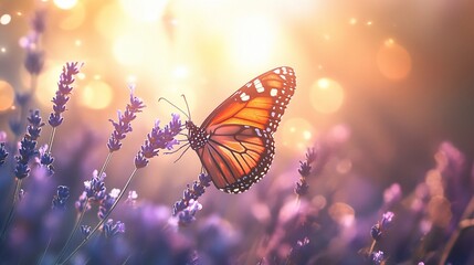 Monarch butterfly on lavender flower in warm sunlight.