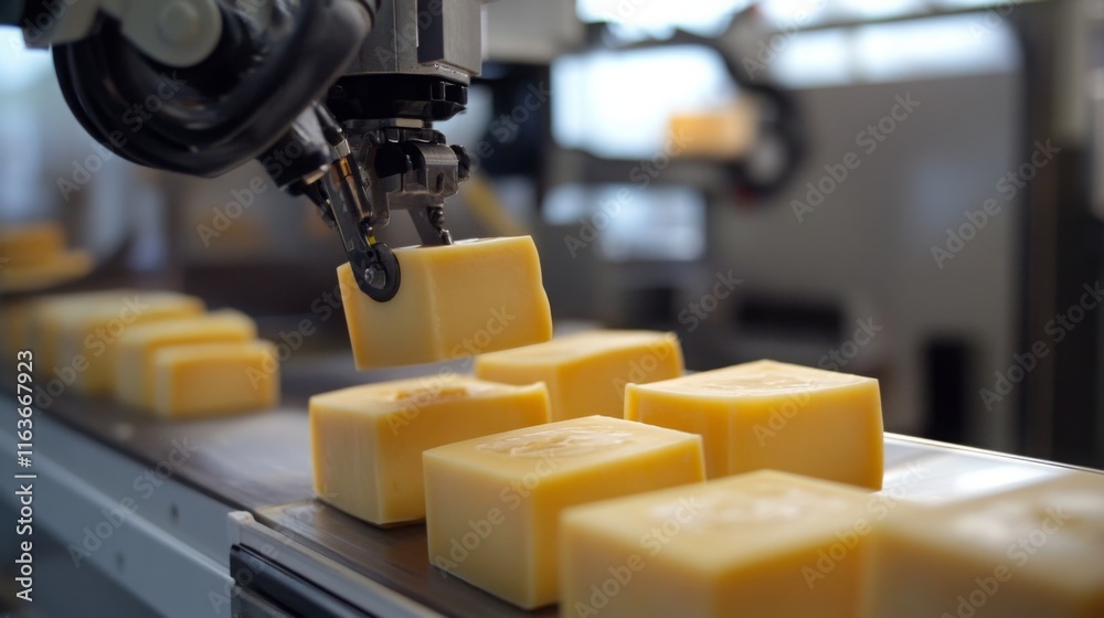 Poster Robotic arms equipped with ai technology maneuver cheese blocks efficiently along a production line in a food processing facility. This modern system enhances productivity and consistency.
