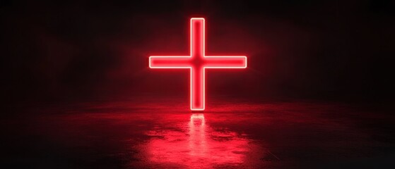 Obraz premium Glowing red neon cross reflected on dark floor.