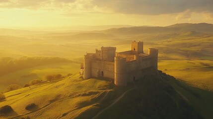 Obraz premium Ancient castle atop a hill at golden sunrise over rolling green hills.