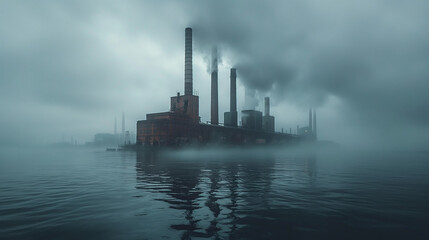 Foggy Industrial River Scene Factory, Smokestacks, Pollution, Mist