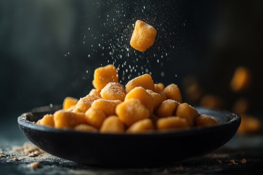 A close-up of golden gnocchi being dusted with flour in a dark setting, creating a delightful culinary scene.