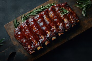 Succulent glazed ribs garnished with rosemary on a rustic wooden board.