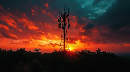 Fototapeta premium [Sunset with cell tower in landscape photography] Sunset Over Connectivity: Cell Tower Against Nature's Canvas