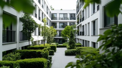 Fototapeta premium Modern apartment complex courtyard with lush greenery.