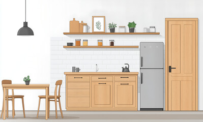 kitchen interior with wooden furniture, white walls, and light brown tiles on the wall.