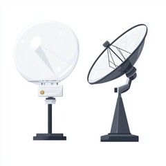Two modern satellite dishes: one clear and round, the other black and angular, showcasing technology in communication.