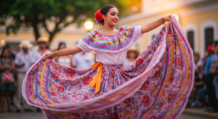 Woman, dancing and street with colorful skirt, cultural dance and tradition for party, celebration and heritage. Hispanic, happy and smile with folklore, event and people for vacation and culture
