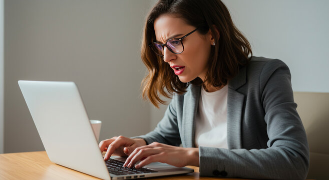 Woman, laptop and typing with stress, problem and frustration for work, deadline and pressure. Person, adult and computer with emotion, upset and worry for technology and business