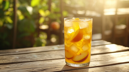 A glass of iced peach tea with floating peach slices and ice cubes, placed on a rustic wooden table with a soft, dreamy background of a warm summer evening, perfect for a relaxing summer moment.