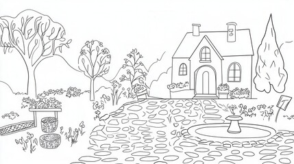 Obraz premium A cozy village coloring book scene featuring cobblestone streets, thatched-roof cottages, and a town square with a fountain. Add villagers carrying baskets, flowers blooming in window boxes, 