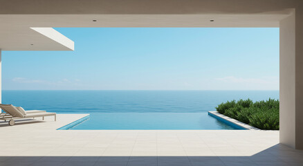 Fototapeta premium Pool, ocean and villa with sea, view and luxury for travel, vacation and resort. Terrace, architecture and design with home, property and paradise for holiday, relaxation and summer