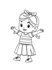 cute little kid girl show happy and friendly pose expression outline coloring page