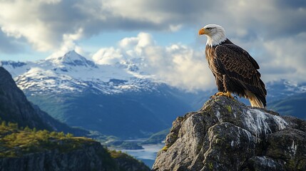 Majestic bald eagle perched atop a rocky summit overlooking a fjord and snow-capped mountains.