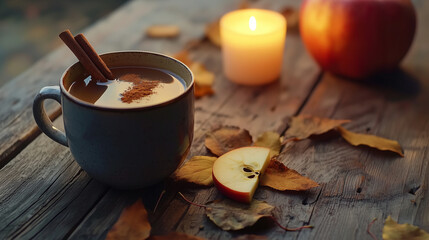 A warm cup of spiced apple cider with a cinnamon stick, served in a cozy mug, surrounded by fall-themed decor and soft lighting, creating a comforting, autumn-inspired atmosphere.