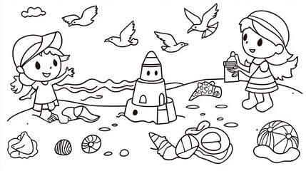 A delightful beach-themed coloring book illustration featuring sandcastles, children playing, and seagulls flying above. Add details like seashells scattered on the sand and waves gently lapping 