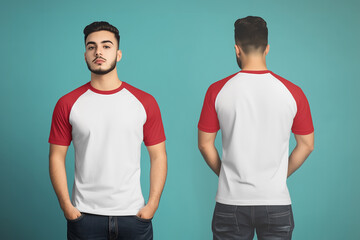 man wearing a white and red short-sleeve raglan t-shirt mockup front and back used as design template