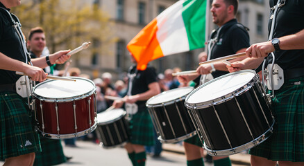 Fototapeta premium Drummers, street and music with drums, traditional instruments and performance for party, celebration and heritage. Scottish, men and parade with event and people for festival and culture