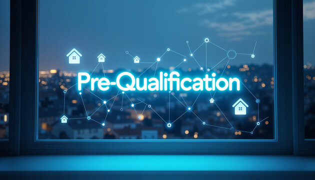 Pre-Qualification glowing text banner with real estate visuals and housing network
