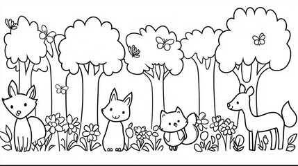 A detailed coloring book illustration of a forest filled with adorable animals, including squirrels, foxes, deer, and owls, surrounded by blooming flowers and tall trees. Add whimsical details 