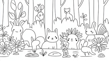 A detailed coloring book illustration of a forest filled with adorable animals, including squirrels, foxes, deer, and owls, surrounded by blooming flowers and tall trees. Add whimsical details 
