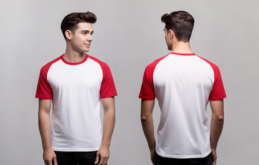 man wearing a white and red short-sleeve raglan t-shirt mockup front and back used as design template
