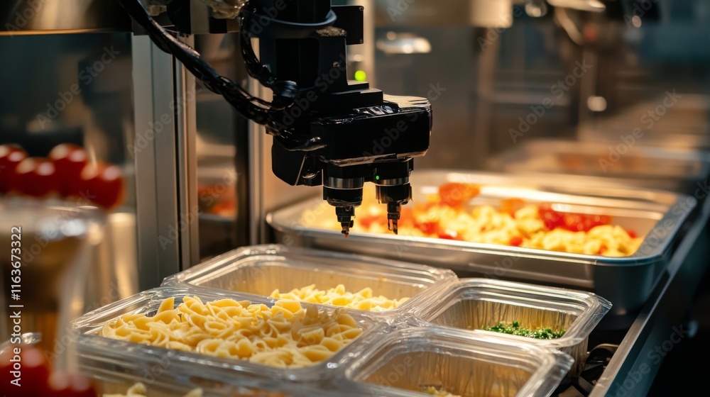 Aufkleber in a bustling kitchen, advanced robotic technology is employed to sort and distribute various food i