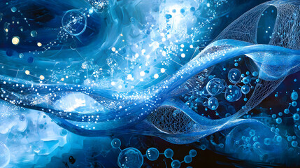 Artistic Interpretation of DNA Strands Weaving Through Vibrant Blue Background with Bubbles and Light Effects for Creative Visual Concepts