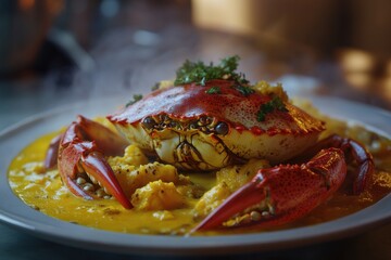 A vibrant, red crab sits atop a creamy yellow sauce, garnished with fresh herbs.