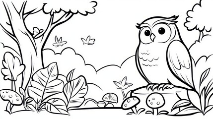Obraz premium A fantasy woodland scene for a coloring book featuring a wise owl perched on a magical tree, glowing mushrooms scattered on the forest floor, and tiny fairies flying around. Add swirling patterns 