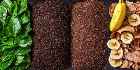 Sustainable Living Organic composting concept, Fresh ingredients arranged artistically, featuring spinach, two types of coffee grounds, banana, and dried banana slices on a dark background.