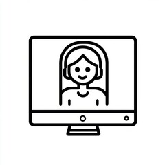 Line art illustration of a smiling woman with headphones on a computer screen.
