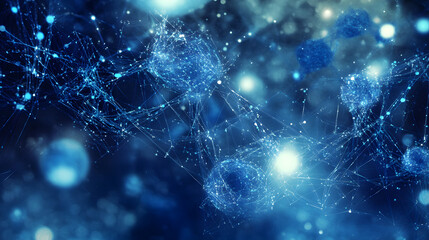 Fototapeta premium Artistic Interpretation of DNA Strands Weaving Through Abstract Molecular Structures in a Blue Galaxy-Like Background with Sparkling Light Effects