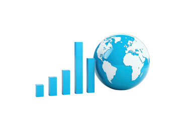 Fototapeta premium A blue globe next to ascending bar graphs symbolizes global growth and progress in data or finance.
