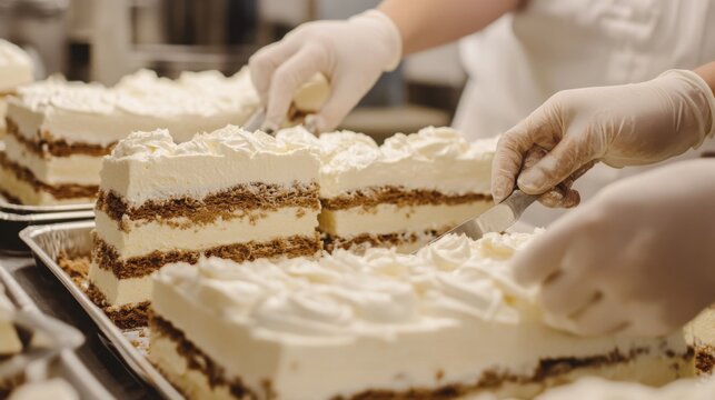 In a bustling baking facility, skilled hands carefully slice cakes layered with cream and filling.