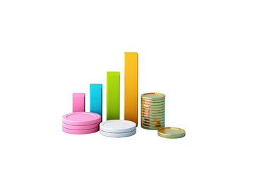 Colorful bars and coins arranged in a rising sequence, showcasing growth and financial concepts.