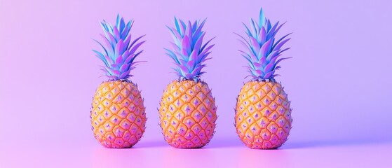 Vibrant Trio: Three Neon Pineapples on Pink Background