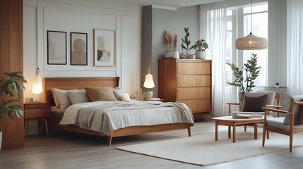 Fototapeta premium small bedroom has an open floor plan, featuring light wood grain furniture and white walls with accent colors of beige or brown. 