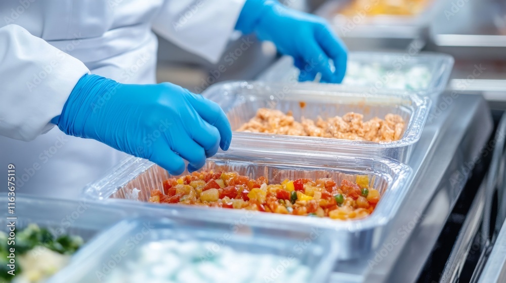 Poster Workers in protective gear prepare colorful vegetable and protein dishes in transparent containers on a busy food production line. The process emphasizes speed and precision through technology.