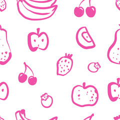Hand drawn fruits seamless pattern. Naive art drawing of apples, pears, banana and berries. Pinkk and white colours.
