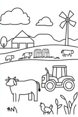 Naklejka premium A lively farm coloring book page showing a tractor plowing a field, cows grazing in the pasture, and chickens pecking near the barn. Include a farmer waving and details like hay bales and a 