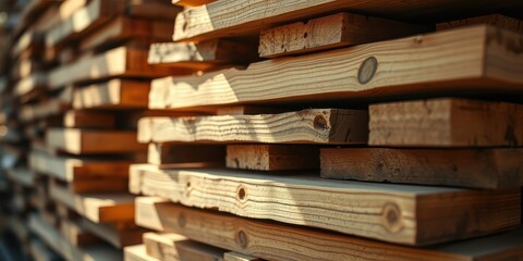 Obraz premium A neatly stacked pile of light brown lumber beams, illuminated by sunlight, showcasing the natural wood grain and texture.
