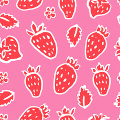  Hand drawn strawberries seamless pattern. Berries on pink background. Naive art style backdrop. Fruit pattern design for textile, wallpaper, and print.