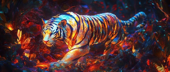 Vibrant tiger walking through colorful, surreal landscape.
